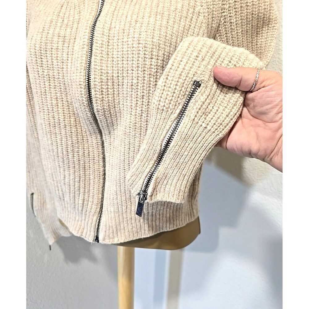 Vintage Korean 90s Full Zip Wool Cardigan Sweater Womens Medium Beige Minimalist